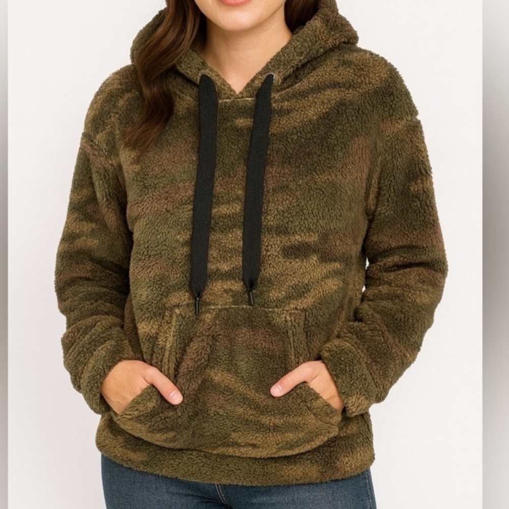 Rewash Sherpa Hoodie‎ Camo Print Pullover Kangaroo Pocket Women’s Large
